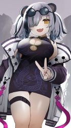 Rule 34 | 1girl, :d, animal ears, arknights, bare shoulders, black hair, breasts, china dress, chinese clothes, cleavage, cleavage cutout, clothing cutout, dress, eyewear on head, fang, feater (arknights), grey hair, hair over one eye, highres, izuoku, jacket, large breasts, leg belt, multicolored hair, open mouth, orange eyes, panda ears, sleeveless, sleeveless dress, smile, solo, sunglasses, sunglasses on head, thighs, twintails, v, white jacket
