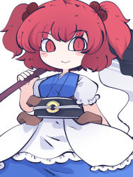 Rule 34 | 1girl, blue dress, blush stickers, chahan (fried rice0614), closed mouth, coin, coin on string, dress, hair bobbles, hair ornament, highres, holding, holding scythe, one-hour drawing challenge, onozuka komachi, red eyes, red hair, scythe, short hair, short sleeves, simple background, smile, solo, touhou, twintails, white background