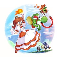 Rule 34 | 1girl, 4others, arm up, blue eyes, breasts, brooch, brown hair, crown, dinosaur, dress, earrings, fire, fire daisy, flower earrings, francoisl-artblog, full body, gloves, goomba, grin, jewelry, jumping, mario (series), medium breasts, multiple others, nabbit, nintendo, open mouth, power-up, prince florian, princess daisy, puffy short sleeves, puffy sleeves, running, sack, short sleeves, smile, smug, super mario bros. wonder, tail, tomboy, tongue, tongue out, white dress, yoshi