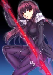 Rule 34 | 1girl, bodysuit, breasts, cu chulainn (fate), cu chulainn (fate/stay night), fate/grand order, fate (series), highres, large breasts, long hair, open mouth, pantyhose, purple bodysuit, scathach (fate), see-through, sheita, stick