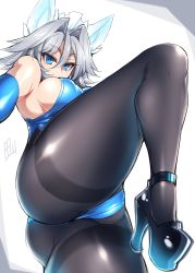 Rule 34 | 1girl, alternate costume, animal ears, ass, bare shoulders, black footwear, black pantyhose, blue eyes, blue gloves, blue leotard, breasts, cat ears, commentary request, covered mouth, cowboy shot, eyelashes, fake animal ears, gloves, grey background, hair between eyes, hair intakes, high heels, highres, hip focus, huge ass, izayoi sakuya, kittysuit, knee up, large breasts, leg up, legs, leotard, looking at viewer, maid headdress, nontraditional playboy bunny, pantyhose, shiny clothes, shiny skin, short hair, sideboob, silver hair, sleeveless, solo, tajima yuuki, thick thighs, thighband pantyhose, thighs, touhou, two-tone background, white background, wide hips
