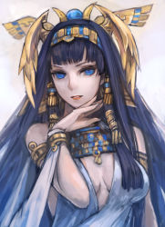 Rule 34 | 1girl, bare shoulders, blue eyes, blue hair, breasts, circlet, cleavage, crown, hair tubes, isis (p&amp;d), jewelry, lipstick, long hair, lots of jewelry, makeup, matching hair/eyes, opiu, puzzle &amp; dragons, solo
