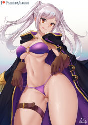 Rule 34 | 1girl, achromaru, bikini, breasts, brown eyes, cleft of venus, eyes visible through hair, fire emblem, fire emblem awakening, gloves, grey hair, has bad revision, has downscaled revision, highres, large breasts, licking lips, looking at viewer, md5 mismatch, midriff, navel, nintendo, official alternate costume, resolution mismatch, robin (female) (fire emblem), robin (fire emblem), solo, source smaller, swimsuit, thighs, tongue, tongue out, twintails, wedgie