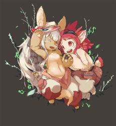 Rule 34 | 2girls, animal ears, artist request, cat ears, furry, highres, long hair, made in abyss, mitty (made in abyss), multiple girls, nanachi (made in abyss), one eye closed, orange eyes, smile, white hair