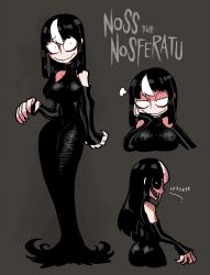 Rule 34 | 1girl, bare shoulders, black dress, black gloves, black hair, black sclera, breast rest, breasts, brown background, buck teeth, character name, closed mouth, colored sclera, contrapposto, dress, elbow gloves, fangs, fingerless gloves, fingernails, gloves, halftone, halftone background, halter dress, halterneck, highres, large breasts, long dress, long hair, multicolored hair, multiple views, narrow waist, noss (rariatto), original, rariatto (ganguri), ribbed dress, sanpaku, sharp fingernails, sharp teeth, smile, standing, streaked hair, teeth, tight clothes, tight dress, vampire, wavy mouth, wide hips