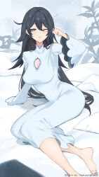 Rule 34 | 1girl, black hair, blue eyes, breasts, cleavage, cleavage cutout, clothing cutout, commission, drooling, hair between eyes, highres, indie virtual youtuber, k (art71), large breasts, long hair, long sleeves, medium breasts, mouth drool, nightgown, noshime mena, one eye closed, pillow, skeb commission, solo, thank you, twitter username, virtual youtuber, white nightgown, wide sleeves