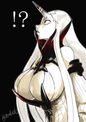 Rule 34 | !?, 10s, 1girl, abyssal ship, bare shoulders, black background, breasts, cleavage, colored skin, detached sleeves, dress, horns, huge breasts, kantai collection, long hair, long sleeves, mrdotd, red eyes, ribbed dress, scowl, seaport water oni, sideboob, simple background, single horn, solo, twitter username, upper body, white dress, white hair, white skin