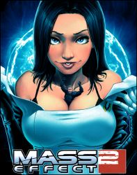 Rule 34 | 1boy, 1girl, armor, arms up, atlus, bald, between breasts, black hair, blue eyes, bodysuit, bra, breasts, catherine (game), catherine cover parody, cleavage, commander shepard, commander shepard (male), large breasts, lips, mass effect (series), mass effect 2, mini person, miniboy, miranda lawson, open mouth, parody, parted lips, person between breasts, planet, skin tight, smile, underwear, undressing, zig enfruke
