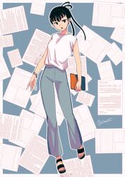 Rule 34 | 1girl, black hair, blue background, blue pants, border, bracelet, breasts, casual, full body, hair rings, holding, jewelry, kagami rin, long hair, looking at viewer, medium breasts, open mouth, outline, pants, paper, sandals, shirt, solo, standing, standing on one leg, swkzw1015, twintails, white outline, white shirt, world trigger