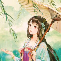 Rule 34 | 1girl, bangle, black hair, blue flower, bracelet, brown umbrella, chinese clothes, commentary request, flower, hair flower, hair ornament, hand up, hanfu, holding, holding umbrella, jewelry, long sleeves, looking away, oil-paper umbrella, original, parted lips, qixiong ruqun, rain, red eyes, red lips, ruqun, say hana, solo, umbrella, upper body, wide sleeves