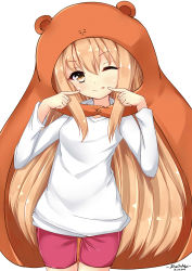 Rule 34 | 10s, 1girl, ;q, absurdres, artist name, blonde hair, brown eyes, dated, doma umaru, hamster costume, highres, himouto! umaru-chan, long hair, looking at viewer, one eye closed, pointing, pointing at self, raonnoy, shorts, simple background, solo, tongue, tongue out