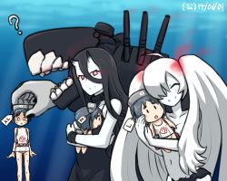 Rule 34 | 10s, 3girls, ?, abyssal ship, ahoge, battleship princess, black dress, black hair, character doll, colored skin, diving mask, diving mask on head, hugging doll, dress, goggles, goggles on head, hamu koutarou, horns, kantai collection, long hair, maru-yu (kancolle), multiple girls, hugging object, red eyes, school swimsuit, short hair, sketch, smile, southern ocean war princess, sweat, swimsuit, twintails, white hair, white skin