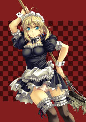 Rule 34 | 00s, 1girl, ahoge, artoria pendragon (all), artoria pendragon (fate), black thighhighs, blonde hair, blue eyes, cameltoe, checkered background, fate/stay night, fate (series), frilled thighhighs, frills, highres, maid, mop, nagayori, official alternate costume, panties, pantyshot, pink panties, saber (fate), smile, solo, thighhighs, underwear, wrist cuffs
