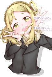 Rule 34 | 1girl, artist name, artist request, black jacket, blonde hair, blow kiss, blush, braid, breasts, brown eyes, cross, cross necklace, crown braid, denim, double v, female focus, hair ornament, hair rings, heart, heart hair ornament, highres, jacket, jewelry, kafu (monaka168), long sleeves, looking at viewer, love live!, love live! school idol festival, love live! sunshine!!, medium breasts, medium hair, necklace, ohara mari, parted lips, shirt, short hair, smile, solo, v, white background, white shirt, yellow eyes