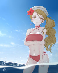 Rule 34 | 1girl, absurdres, bikini, breasts, brown eyes, brown hair, cowboy shot, highres, italia (kancolle), kantai collection, large breasts, littorio (kancolle), long hair, navel, neve (morris-minicooper), official alternate costume, partially submerged, red bikini, side ponytail, solo, standing, swimsuit, wavy hair