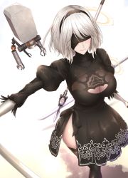 Rule 34 | 1girl, black dress, black footwear, black thighhighs, blindfold, boots, breasts, cleavage, closed mouth, commentary request, dress, drone, feather trim, hairband, highres, holding, holding weapon, large breasts, lips, long sleeves, mole, mole under mouth, nier:automata, nier (series), pod (nier:automata), puffy sleeves, robot, shiny clothes, shiroshisu, short hair, side slit, simple background, soul calibur, sword, thigh boots, thighhighs, turtleneck, weapon, white hair, 2b (nier:automata)