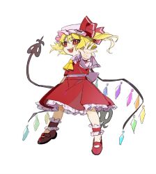 Rule 34 | 1girl, ankle cuffs, blonde hair, chinese commentary, commentary request, flandre scarlet, frilled shirt collar, frilled skirt, frills, full body, hat, hat ribbon, highres, laevatein (touhou), mary janes, mob cap, open mouth, phagic, red eyes, red footwear, red ribbon, red skirt, red vest, ribbon, shirt, shoes, side ponytail, simple background, skirt, smile, solo, touhou, vest, white background, white hat, white shirt, wings