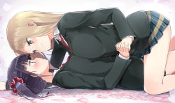 Rule 34 | 2girls, bare legs, blonde hair, blush, breast press, breasts, brown eyes, closed mouth, commentary request, eye contact, girl on top, hair ornament, hair scrunchie, homura subaru, interlocked fingers, large breasts, long hair, looking at another, lying, minami shizuku, multiple girls, necktie, noda kotone, on back, pleated skirt, purple hair, red neckwear, sakura trick, school uniform, scrunchie, skirt, smile, twintails, yuri