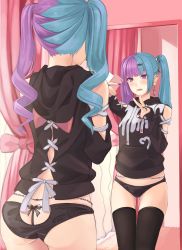 Rule 34 | 1girl, :d, absurdres, arm cutout, ass, black panties, black sweater, black thighhighs, blue hair, cellphone, crescent, crescent hair ornament, fish hair ornament, hair ornament, highres, holding, holding phone, indoors, jewelry, long sleeves, mirror, multicolored hair, nail polish, open mouth, original, panties, phone, purple eyes, purple hair, purple nails, ring, selfie, shaketarako, sleeves past fingers, sleeves past wrists, smartphone, smile, solo, split-color hair, standing, sweater, thigh gap, thighhighs, twintails, two-tone hair, underwear, v