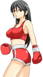 Rule 34 | 1girl, artist request, black eyes, black hair, boxing, boxing gloves, breasts, character request, gloves, large breasts, long hair, looking back, mole, red theme, shorts, solo, source request, sports bra
