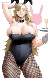 Rule 34 | 1girl, animal ears, arm behind head, arm up, armpits, bare shoulders, black leotard, blonde hair, blue eyes, bow, bowtie, breasts, cleavage, collarbone, covered erect nipples, cup, detached collar, drinking glass, fake animal ears, fishnet pantyhose, fishnets, grin, highleg, highleg leotard, highres, huge breasts, leotard, long hair, looking at viewer, mature female, original, pantyhose, parted bangs, pasties, playboy bunny, rabbit ears, smile, solo, star pasties, thighs, tray, wrist cuffs, yoshio (55level)