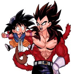 Rule 34 | 2boys, age difference, black hair, blue eyes, body fur, child, denim, dougi, dragon ball, dragon ball gt, fangs, gloves, hand on own hip, jeans, lifting person, monkey boy, monkey tail, multiple boys, muscular, muscular male, nanika (nnkgh), pants, red fur, size difference, son goku, spiked hair, super saiyan, super saiyan 4, tail, tan, topless male, vegeta, widow&#039;s peak