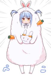 Rule 34 | 1girl, :3, animal costume, animal ears, animal hood, blue hair, blue ribbon, blush, bow, carrot, closed mouth, cocytus (wind master), commentary, commentary request, don-chan (usada pekora), emphasis lines, food, full body, hair between eyes, hair ribbon, highres, holding, hololive, hood, looking at viewer, orange eyes, pekomon (usada pekora), pom pom (clothes), rabbit ears, rabbit girl, rabbit hood, ribbon, simple background, smile, smug, solo, translated, twintails, usada pekora, virtual youtuber, white background
