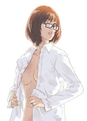 Rule 34 | 1girl, bad id, bad pixiv id, breasts, brown eyes, brown hair, dress shirt, glasses, jewelry, kaburagi yuki, lips, open clothes, open shirt, parted lips, ring, shirt, short hair, simple background, solo, wedding band, white background