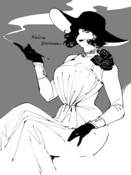 Rule 34 | 1girl, alcina dimitrescu, black flower, black gloves, black hair, black hat, black rose, breasts, character name, choker, cigarette, cigarette holder, dress, earrings, feet out of frame, flower, gloves, grey background, greyscale, hair over one eye, hand on own thigh, hat, high contrast, holding, holding cigarette, jewelry, large breasts, lipstick, long sleeves, looking at viewer, makeup, monochrome, nair (mindcreator), parted bangs, resident evil, resident evil village, rose, short hair, sitting, smoke, smoking, solo, sun hat, wavy hair, white dress