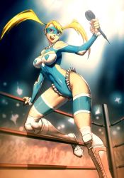 Rule 34 | 1990s (style), 1girl, :d, arena, arm support, bare shoulders, blonde hair, blue eyes, boots, breasts, capcom, cleavage, cleavage cutout, clothing cutout, corset, covered navel, cross-laced footwear, frills, genzoman, gloves, heart, indoors, knee pads, kneeling, large breasts, leaning, leg lift, legs, leotard, lights, long hair, looking away, mask, microphone, on one knee, open mouth, rainbow mika, retro artstyle, scrunchie, shiny skin, shoulder cutout, side cutout, smile, solo, spread legs, standing, street fighter, street fighter zero (series), thick thighs, thigh strap, thighs, twintails, white legwear, wrestler, wrestling outfit, wrestling ring