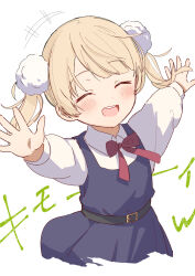 Rule 34 | 1girl, aged down, blonde hair, blue dress, blush, bow, bowtie, brat (brabrabrat00), closed eyes, collared shirt, commentary request, dress, hair ornament, hands up, highres, indie virtual youtuber, long sleeves, open mouth, pinafore dress, pom pom (clothes), pom pom hair ornament, red bow, red bowtie, school uniform, shigure ui (vtuber), shigure ui (vtuber) (young), shirt, short hair, sleeveless, sleeveless dress, smile, solo, teeth, twintails, upper body, upper teeth only, virtual youtuber, white background, white shirt