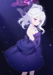 1girl absurdres bare_shoulders black_halo blue_archive blush breasts closed_mouth daoyan demon_girl demon_horns dress gloves halo highres hina_(blue_archive) hina_(dress)_(blue_archive) horns jewelry long_hair necklace official_alternate_costume official_alternate_hairstyle pendant purple_dress purple_eyes purple_gloves solo sparkle standing white_hair