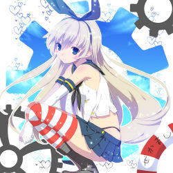 Rule 34 | 10s, 1girl, bad id, bad pixiv id, blonde hair, blue eyes, blush stickers, boots, elbow gloves, frown, gears, gloves, hairband, heart, kantai collection, long hair, looking at viewer, panties, personification, shimakaze (kancolle), siso, skirt, solo, squatting, striped clothes, striped thighhighs, thighhighs, underwear