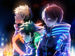 Rule 34 | 3boys, adjusting clothes, adjusting gloves, alternate eye color, badge, bakugou katsuki, black gloves, black jacket, bloom, blue eyes, boku no hero academia, burn scar, check commentary, closed mouth, commentary, commentary request, cowlick, dark, fingerless gloves, formal, freckles, from side, gloves, glowing, glowing clothes, glowing eyes, glowing hand, green hair, hair between eyes, hand up, hands up, headgear, high collar, highres, jacket, leaning forward, long sleeves, looking ahead, male focus, midoriya izuku, multicolored hair, multiple boys, neon trim, official alternate costume, orange eyes, outdoors, parted lips, profile, red hair, ryutaro (ryuuuuutaaaxxxx), scar, scar on face, short hair, smile, smoke, smoke trail, spiked hair, split-color hair, straight hair, suit, todoroki shouto, two-tone hair, upper body, white hair, x
