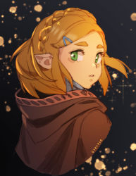 Rule 34 | 1girl, artist name, black background, blonde hair, braid, brown cape, cape, commentary, cropped torso, crown braid, english commentary, from behind, green eyes, hair ornament, hairclip, highres, hood, hood down, hooded cape, looking at viewer, looking back, nintendo, parted bangs, parted lips, pointy ears, princess zelda, simple background, solo, sparkle, syertse, the legend of zelda, the legend of zelda: breath of the wild, the legend of zelda: tears of the kingdom, thick eyebrows, upper body