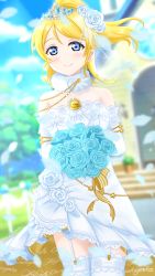 Rule 34 | 1girl, absurdres, ayase eli, bare shoulders, blonde hair, blue eyes, blue flower, blue rose, blurry, blurry background, bouquet, brooch, closed mouth, commentary, cursive, day, diaja1414, dress, elbow gloves, english commentary, eyebrows hidden by hair, flower, fur collar, garter straps, gloves, hair flower, hair ornament, highres, holding, holding bouquet, jewelry, looking at viewer, love live!, love live! school idol festival all stars, love live! school idol project, official alternate costume, outdoors, ponytail, rose, short dress, short hair, short ponytail, single bang, smile, solo, strapless, strapless dress, tiara, twitter username, two-sided dress, two-sided fabric, veil, wedding dress, white dress, white flower, white gloves, white legwear, white rose