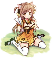 Rule 34 | 1girl, animal ears, blush, bow, breasts, brown eyes, brown hair, cat ears, cat girl, cleavage, cleavage cutout, clothing cutout, female focus, hair bow, large breasts, long hair, looking at viewer, mauve, original, paper airplane, simple background, sitting, sketch, smile, solo, thighhighs, wariza, white thighhighs