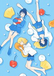 Rule 34 | 3girls, ankle socks, barefoot, blonde hair, blue background, blue hair, blue shorts, blue socks, blue sports bra, blue sweater, blush, cherry, closed eyes, commentary, crop top, dot nose, feet, food, fruit, highres, hood, hood down, hooded jacket, hugging object, jacket, long sleeves, lying, midriff, multiple girls, nahara saki, no shoes, off shoulder, on back, on side, open clothes, open jacket, open mouth, original, oversized food, oversized object, profile, shadow, short hair, shorts, sleeping, socks, sports bra, sweater, topknot, unfinished, white jacket, white shorts