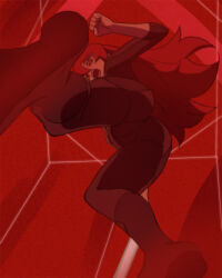 Rule 34 | 1girl, ass, blue eyes, bodysuit, catsuit, from below, haruyama kazunori, little witch academia, long hair, looking at viewer, open mouth, red eyes, red hair, red theme, shiny chariot, skin tight, solo, ursula callistis