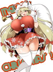 Rule 34 | 1girl, alternate costume, bell, belt, blonde hair, blush, bow, breasts, carrying bag, christmas, colored eyelashes, commentary request, dress, fingerless gloves, frilled dress, frills, gloves, hair between eyes, hair bow, half-closed eye, hat, hat ribbon, heart, highres, hip focus, holding, holding bell, huge breasts, knees together feet apart, leg up, long hair, looking at viewer, mob cap, one eye closed, open mouth, panties, pom pom (clothes), purple belt, purple eyes, red bow, red dress, red footwear, red gloves, red panties, red ribbon, ribbon, shiny skin, short dress, sidelocks, simple background, snowflake print, solo, string panties, talking, tannkobuiwa, thick thighs, thighhighs, thighs, touhou, typo, underwear, very long hair, white background, white hat, white thighhighs, wide hips, yakumo yukari