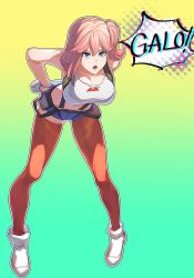Rule 34 | 1girl, aina ardebit, ankle boots, bad id, bad twitter id, blue eyes, boots, breasts, gloves, hand on own hip, highres, kuroda matsurika, large breasts, leaning forward, midriff, open mouth, pink hair, promare, short shorts, shorts, side ponytail, speech bubble, suspenders, thighhighs