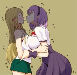Rule 34 | 10s, 2girls, arm grab, asymmetrical docking, blonde hair, blush, bra, breast press, breasts, commentary request, dagashi kashi, dress, earrings, endou saya, fang, fang out, food, hair ornament, hairband, hairclip, jewelry, large breasts, long hair, looking at another, medium hair, multiple girls, pocky, pocky day, pocky kiss, purple hair, ricochet-gou, saliva, sanpaku, scrunchie, shade, shared food, shidare hotaru, short shorts, shorts, simple background, small breasts, sound effects, tank top, underwear, yellow background, yuri