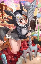 Rule 34 | 1girl, atlantic puffin (kemono friends), bare legs, bird tail, bird wings, black eyes, black hair, blonde hair, blush, boots, brown footwear, cake, candle, candy, chocolate, chocolate bar, commentary request, feet up, floating, floating hair, food, food on face, fork, fruit, full body, furrowed brow, hair ornament, head wings, highres, jacket, kemono friends, long sleeves, looking at viewer, medium hair, melaton, miniskirt, multicolored eyes, multicolored hair, open clothes, open jacket, open mouth, oversized object, pocky, red eyes, red hair, scarf, sidelocks, skirt, smile, solo, sweater vest, tail, teeth, upper teeth only, white hair, wings, yellow eyes