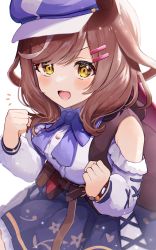 Rule 34 | 1girl, absurdres, animal ears, breasts, brown hair, cabbie hat, clenched hands, commentary, hair ornament, hairclip, hat, highres, horse ears, horse girl, horse tail, matikane tannhauser (umamusume), medium breasts, medium hair, mimuta, open mouth, ribbon, simple background, tail, umamusume, white background