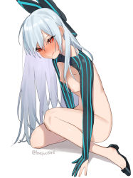 Rule 34 | 1girl, beijuu, black footwear, blush, bow, closed mouth, commentary request, girls&#039; frontline, gloves, hair bow, licking lips, long hair, looking at viewer, nipples, nude, partially fingerless gloves, puffy sleeves, red eyes, shrug (clothing), silver hair, simple background, sitting, smile, solo, striped clothes, striped gloves, tokarev (girls&#039; frontline), tongue, tongue out, white background