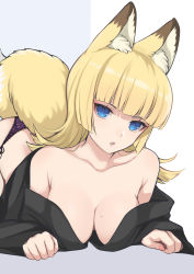 Rule 34 | 1girl, absurdres, animal ear fluff, animal ears, bare shoulders, blonde hair, blue eyes, blunt bangs, breasts, commentary request, fox ears, fox tail, highres, large breasts, long hair, looking at viewer, off shoulder, original, parted lips, shimizu akina, solo, tail