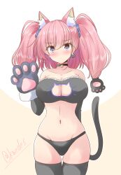 Rule 34 | 1girl, animal ears, animal hands, atlanta (kancolle), black bra, black panties, blush, bra, breasts, brown hair, cat cutout, cat ears, cat paws, cat tail, cleavage, closed mouth, clothing cutout, collarbone, cowboy shot, gloves, grey eyes, groin, hair between eyes, highres, kantai collection, large breasts, long hair, looking at viewer, one-hour drawing challenge, panties, paw gloves, shizuna kaede, solo, tail, twitter username, two side up, underwear