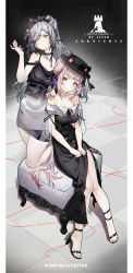 Rule 34 | 2girls, absurdres, alternate costume, alternate hairstyle, alver, animal ear fluff, animal ears, arknights, bare legs, bare shoulders, black bow, black choker, black dress, black flower, black footwear, black headwear, black rose, bow, breasts, cat ears, ceylon (arknights), character name, choker, cleavage, closed mouth, collarbone, copyright name, corrupted metadata, dotted background, doughnut hair bun, dress, ear piercing, flower, full body, hair bun, hair flower, hair ornament, hand mirror, hand on another&#039;s shoulder, hat, hat bow, high heels, highres, holding, holding mirror, jewelry, looking at mirror, looking at viewer, medium breasts, mirror, multiple girls, multiple rings, off-shoulder dress, off shoulder, own hands together, pelvic curtain, piercing, pillarboxed, pink hair, ponytail, rhodes island logo (arknights), ring, rose, schwarz (arknights), see-through, short hair, side bun, single hair bun, single side bun, sitting, sleeveless, sleeveless dress, smile, stool, swept bangs, tile floor, tiles, yellow eyes