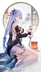 Rule 34 | 1girl, absurdres, ass, bare legs, bare shoulders, blue eyes, blue footwear, breasts, commentary request, detached sleeves, genshin impact, grey hair, hair ornament, high heels, highres, holding, holding photo, large breasts, lightria, long hair, long sleeves, looking at viewer, mountain, official alternate costume, photo (object), shenhe (frostflower dew) (genshin impact), shenhe (genshin impact), short shorts, shorts, sitting, solo, thighs, very long hair, white shorts