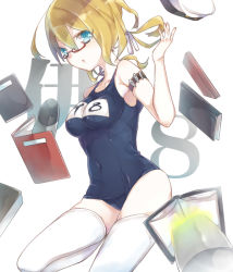 Rule 34 | 10s, 1girl, blonde hair, blue eyes, book, glasses, hat, i-8 (kancolle), kantai collection, long hair, sakofu, school swimsuit, swimsuit, thighhighs, torpedo, twintails